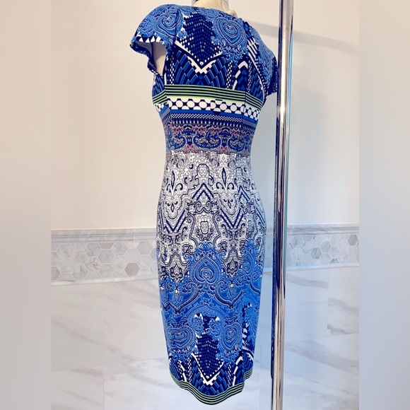 Cap Sleeves Geo Paisley Midi Bodycon Dress Sz S/M - Picture 10 of 13